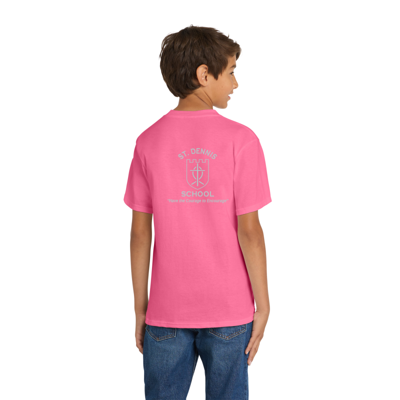         PC54Y Port & Company® Core Blend Tee; FULL FRONT LOGO BE KIND; BACK SCHOOL LOGO; NEON PINK; 2ND GRADE; YOUTH SIZES
