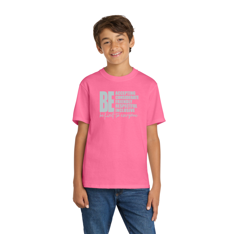 PC54Y Port & Company® Core Blend Tee; FULL FRONT LOGO BE KIND; BACK SCHOOL LOGO; NEON PINK; 2ND GRADE; YOUTH SIZES         PC54Y Port & Company® Core Blend Tee; FULL FRONT LOGO BE KIND; BACK SCHOOL LOGO; NEON PINK; 2ND GRADE; YOUTH SIZES