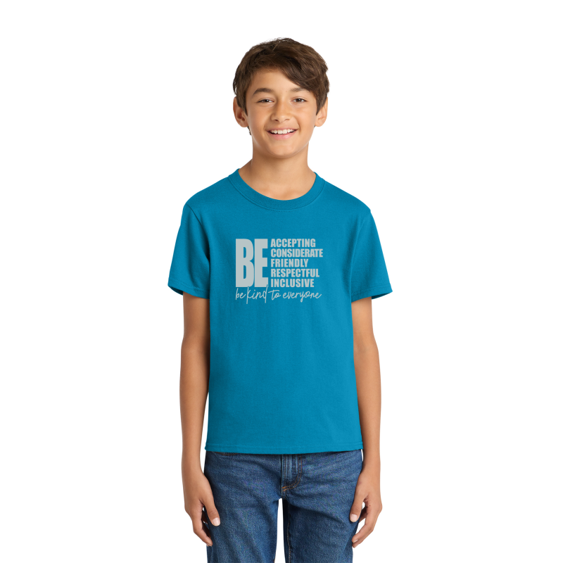PC54Y Port & Company® Core Blend Tee; FULL FRONT LOGO BE KIND; BACK SCHOOL LOGO; NEON BLUE; 4K; YOUTH SIZES         PC54Y Port & Company® Core Blend Tee; FULL FRONT LOGO BE KIND; BACK SCHOOL LOGO; NEON BLUE; 4K; YOUTH SIZES