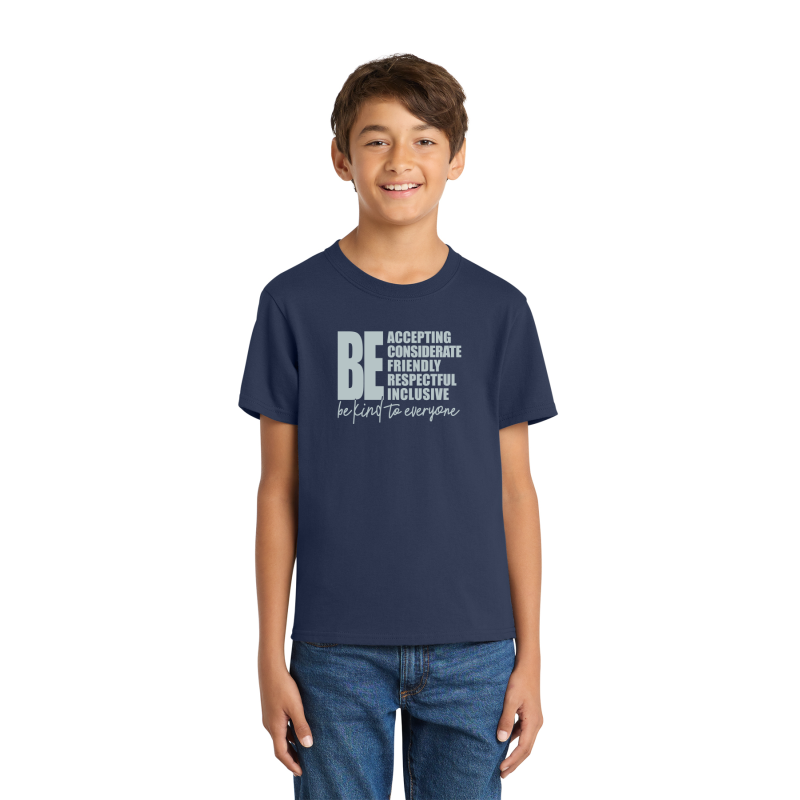 PC54Y Port & Company® Core Blend Tee; FULL FRONT LOGO BE KIND; BACK SCHOOL LOGO; NAVY; 4TH GRADE; YOUTH SIZES         PC54Y Port & Company® Core Blend Tee; FULL FRONT LOGO BE KIND; BACK SCHOOL LOGO; NAVY; 4TH GRADE; YOUTH SIZES