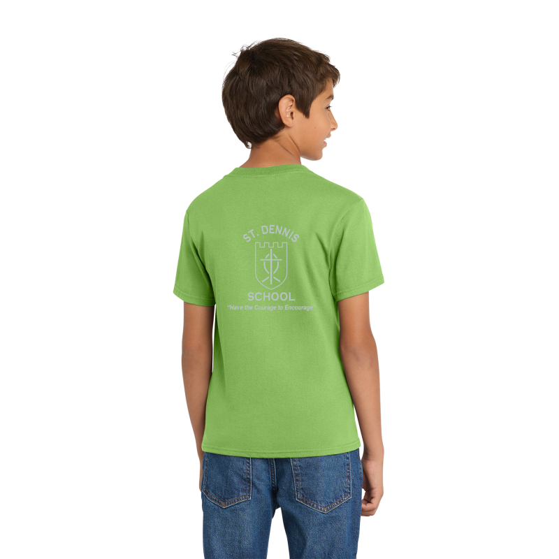 PC54 Port & Company® Core Blend Tee; FULL FRONT LOGO BE KIND; BACK SCHOOL LOGO; LIME GREEN; 5TH GRADE; ADULT SIZES         PC54 Port & Company® Core Blend Tee; FULL FRONT LOGO BE KIND; BACK SCHOOL LOGO; LIME GREEN; 5TH GRADE; ADULT SIZES