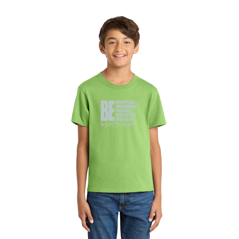 PC54 Port & Company® Core Blend Tee; FULL FRONT LOGO BE KIND; BACK SCHOOL LOGO; LIME GREEN; 5TH GRADE; ADULT SIZES         PC54 Port & Company® Core Blend Tee; FULL FRONT LOGO BE KIND; BACK SCHOOL LOGO; LIME GREEN; 5TH GRADE; ADULT SIZES