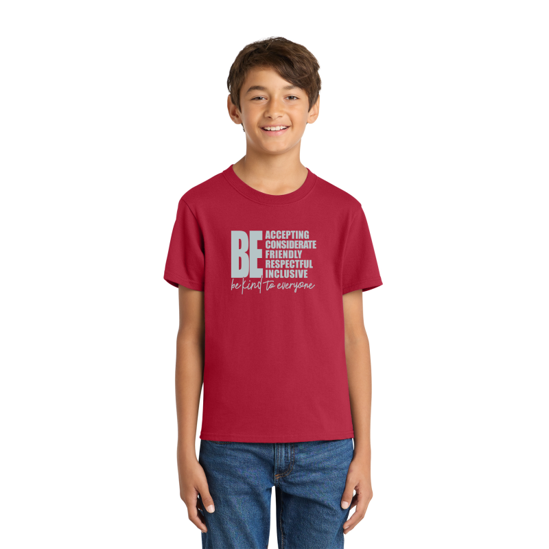 PC54 Port & Company® Core Blend Tee; FULL FRONT LOGO BE KIND; BACK SCHOOL LOGO; RED; 6TH GRADE; ADULT SIZES         PC54 Port & Company® Core Blend Tee; FULL FRONT LOGO BE KIND; BACK SCHOOL LOGO; RED; 6TH GRADE; ADULT SIZES