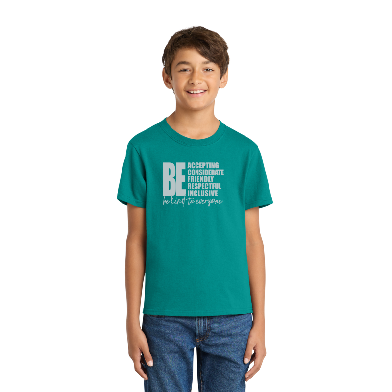         PC54Y Port & Company® Core Blend Tee; FULL FRONT LOGO BE KIND; BACK SCHOOL LOGO; BRIGHT AQUA; 7TH GRADE; YOUTH SIZES