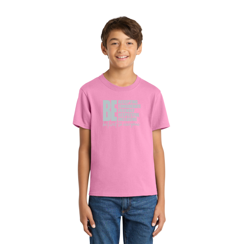 PC54 Port & Company® Core Blend Tee; FULL FRONT LOGO BE KIND; BACK SCHOOL LOGO; CANDY PINK; 8TH GRADE; ADULT SIZES         PC54 Port & Company® Core Blend Tee; FULL FRONT LOGO BE KIND; BACK SCHOOL LOGO; CANDY PINK; 8TH GRADE; ADULT SIZES