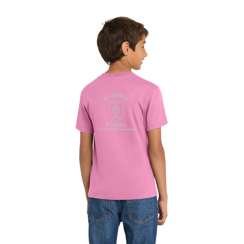 PC54 Port & Company® Core Blend Tee; FULL FRONT LOGO BE KIND; BACK SCHOOL LOGO; CANDY PINK; 8TH GRADE; ADULT SIZES         PC54 Port & Company® Core Blend Tee; FULL FRONT LOGO BE KIND; BACK SCHOOL LOGO; CANDY PINK; 8TH GRADE; ADULT SIZES