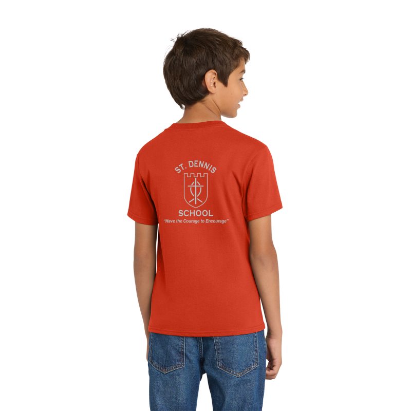 PC54Y Port & Company® Core Blend Tee; FULL FRONT LOGO BE KIND; BACK SCHOOL LOGO; ORANGE; EC; YOUTH SIZES         PC54Y Port & Company® Core Blend Tee; FULL FRONT LOGO BE KIND; BACK SCHOOL LOGO; ORANGE; EC; YOUTH SIZES