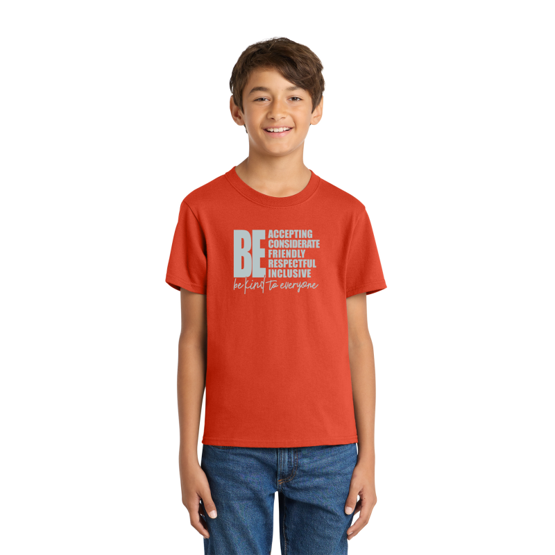         PC54Y Port & Company® Core Blend Tee; FULL FRONT LOGO BE KIND; BACK SCHOOL LOGO; ORANGE; EC; YOUTH SIZES