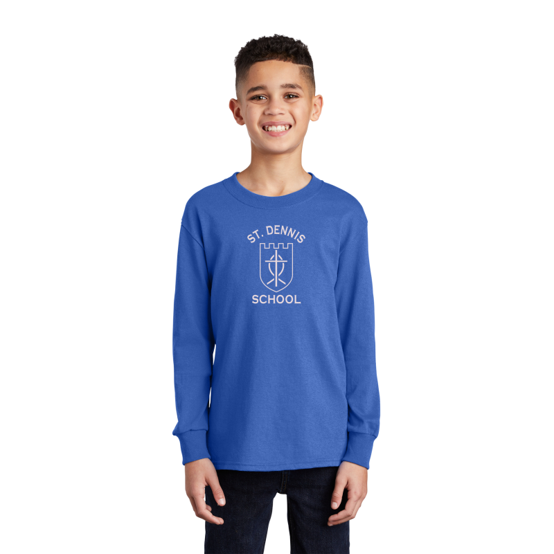   PC54YLS Port & Company® Youth Long Sleeve Core Cotton Tee; FULL FRONT SILVER PRINT LOGO