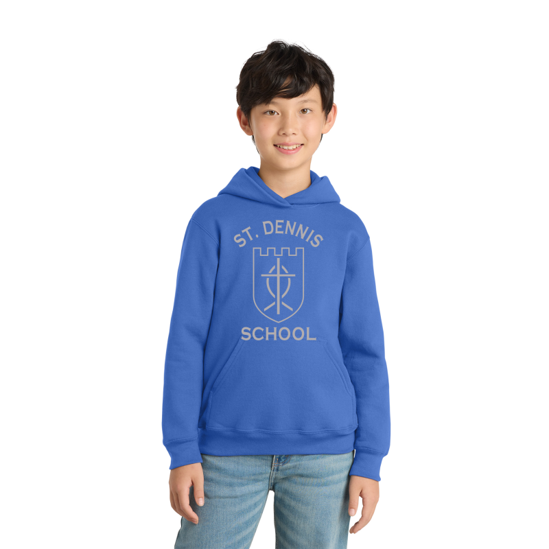 PC90YH Port & Co™ Youth Core Fleece Pullover Hooded Sweatshirt, SILVER FULL FRONT ST DENNIS LOGO PC90YH Port & Co™ Youth Core Fleece Pullover Hooded Sweatshirt, SILVER FULL FRONT ST DENNIS LOGO